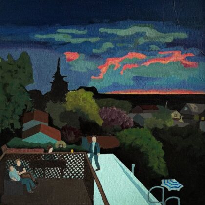 Painted backyard sunset scene with people on a deck and patio, lush trees and houses in the distance under a colorful sky.