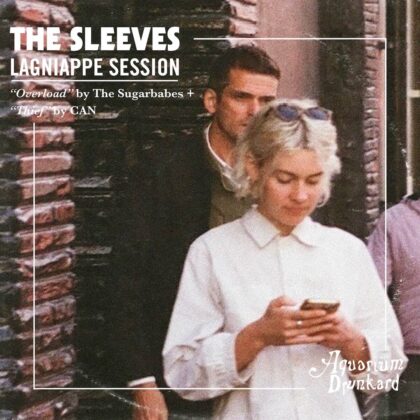 Album cover art: a vintage street photo of a woman in white looking at her phone, man behind her, with white frame lines and title text in the top left: 'The Sleeves Lagniappe Session' and song credits.