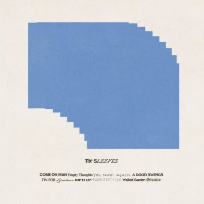 Abstract poster with a large blue stepped shape on a beige background, featuring the text 'The SLEEVES' and small promotional lines at the bottom.