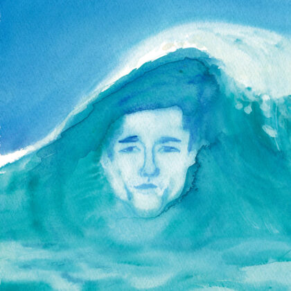 Watercolor illustration of a calm face emerging from a blue wave in turquoise hues.