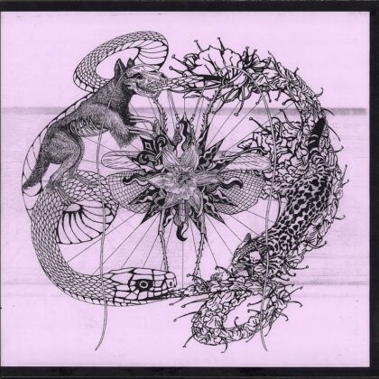 Intricate surreal drawing of a dragon and a leopard circling a central spiky flower, connected by looping strands in a circular frame.