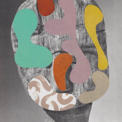 Abstract collage of multicolored blob shapes over a grayscale head silhouette, suggesting creativity and diverse thinking.