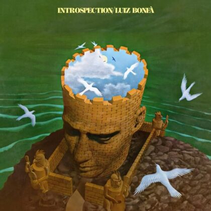 Surreal album cover of a large stone head with a brick crown opened to a blue sky with clouds and white birds circling around.