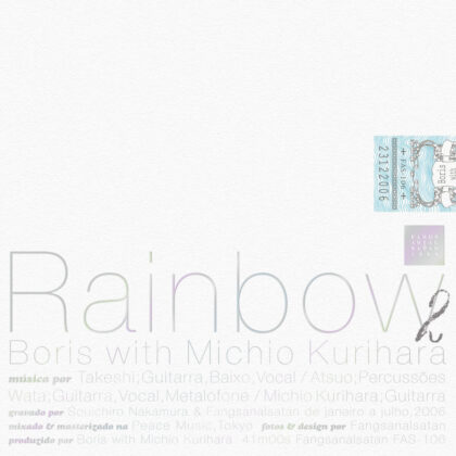 Album cover for 'Rainbow' by Boris with Michio Kurihara, featuring large pastel title text and stamps on the right.