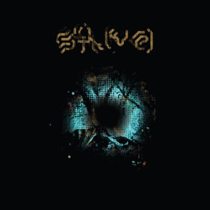 Abstract album cover: a glowing blue eye-like shape in a dark background with gold stylized text above it