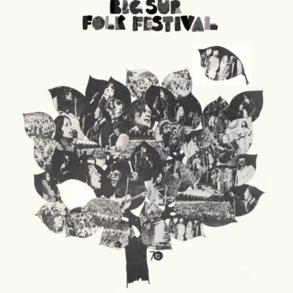 Collage poster for a folk festival arranged into a tree shape using black-and-white photos of musicians and crowds, with 'Folk Festival' text at the top.