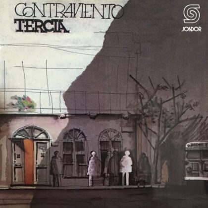 Album cover showing a watercolor street scene: arched doors, silhouettes of people, bare trees, and a bus stop on the right, with the text 'Contraviento Teresa' and a Sondor logo.