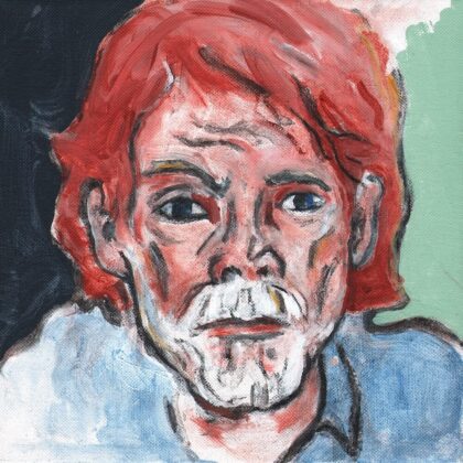 Impressionistic portrait of a man with red hair and a white beard, wearing a blue shirt, with a solemn expression.
