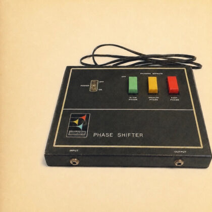 Vintage Maestro phase shifter pedal with three colored phase controls (green, yellow, red) and power switch; input/output jacks on front.