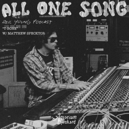 Black-and-white podcast cover: man with sunglasses at a large analog mixing console in a recording studio, with 'All One Song' and credits text overlaid.