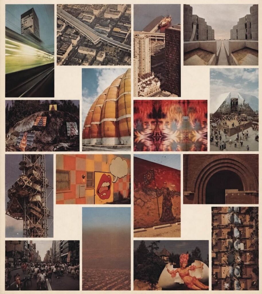 Collage of diverse architectural and urban scenes—skyscrapers, roads, domes, murals, and crowds.